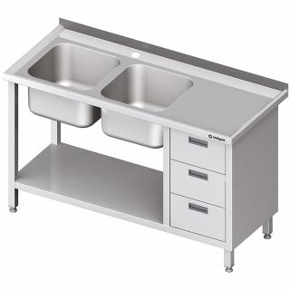Stół ze zlewem 2-kom.(L), z blokiem trzech szuflad i półką 1400x700x850 mm