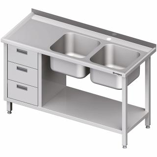 Stół ze zlewem 2-kom.(P), z blokiem trzech szuflad i półką 1400x700x850 mm