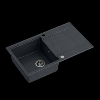 Zlewozmywak kuchenny granitowy EVAN 111 GraniteQ black diamond / czarny + syfon stalowy QUADRON