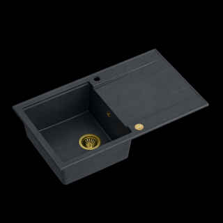 Zlewozmywak kuchenny granitowy EVAN 111 GraniteQ black diamond / czarny + syfon złoty QUADRON