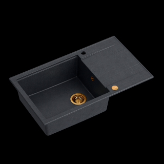 Zlewozmywak kuchenny granitowy EVAN 136 XL GraniteQ black diamond / czarny + syfon miedziany QUADRON