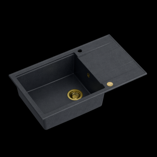 Zlewozmywak kuchenny granitowy EVAN 136 XL GraniteQ black diamond / czarny + syfon złoty QUADRON