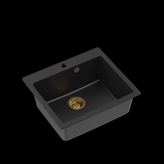 Zlewozmywak kuchenny granitowy MORGAN 110 VERY BLACK czarny mat + syfon złoty QUADRON