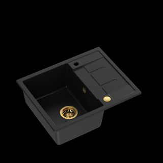 Zlewozmywak kuchenny granitowy MORGAN 116 VERY BLACK czarny mat + syfon złoty QUADRON