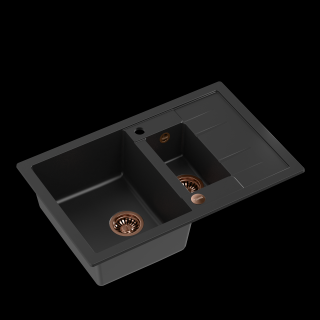 Zlewozmywak kuchenny granitowy MORGAN 156 VERY BLACK czarny mat + syfon miedziany QUADRON