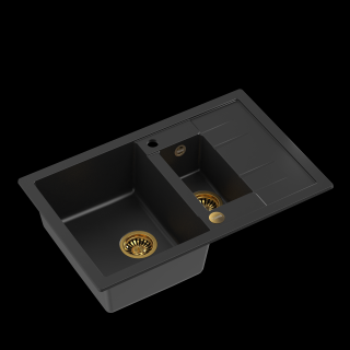 Zlewozmywak kuchenny granitowy MORGAN 156 VERY BLACK czarny mat + syfon złoty QUADRON