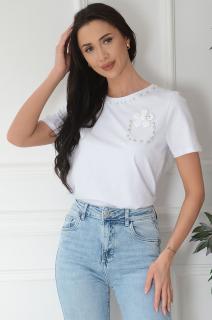 Bluzka T-shirt kwiat 3D cyrkonie i perły biała Kadi Rozmiar: M/L