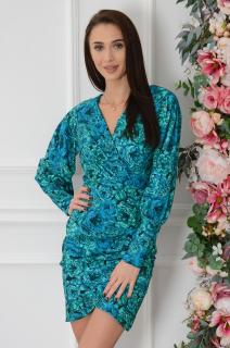 Sukienka marszczona z mankietami w kwiaty zielono-niebieska Hania Rozmiar: XS
