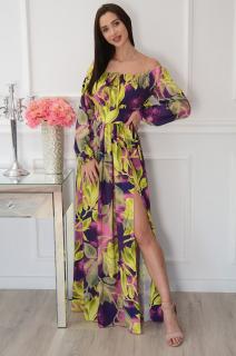 Sukienka maxi hiszpanka w kwiaty fiolet-limonka Alisa Rozmiar: S