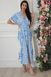 Sukienka maxi kimono w kwiatowy wzór niebieska-krem Loni Rozmiar: UNI
