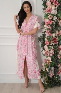 Sukienka maxi kimono w kwiatowy wzory róż-krem Loni Rozmiar: UNI