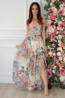 Sukienka maxi szyfonowa w tropikalne kwiaty biała Lukrecja Rozmiar: L