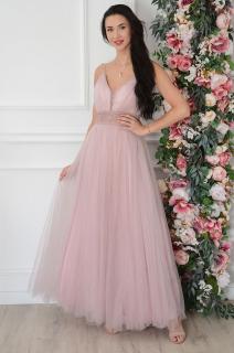 Sukienka maxi tiulowa z gipiurowym pasem brudny róż Giovanna Rozmiar: L