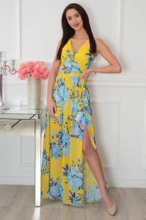 Sukienka maxi w niebieskie kwiaty cytryna Lukrecja Rozmiar: 2XL