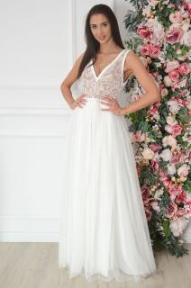 Sukienka maxi z tiulu wyszywana góra biało-beżowa Lydia Rozmiar: XL