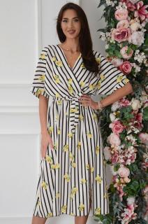 Sukienka midi a'la kimono w cytryny i pasy beż Emsa Rozmiar: UNI