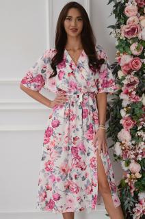 Sukienka midi a'la kimono w malowane kwiaty beż Emsa Rozmiar: UNI