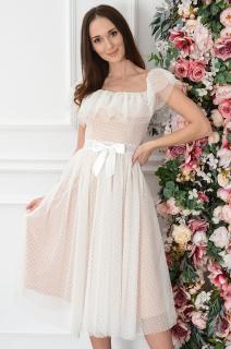 Sukienka midi hiszpanka z tiulu biało-beżowa Cordi Rozmiar: L