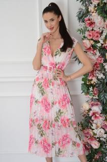 Sukienka midi plisowana z paskiem w kwiaty pudrowa Nicolet Rozmiar: M