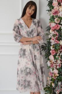 Sukienka midi szyfonowa malowane kwiaty puder-szara Nassu Rozmiar: UNI