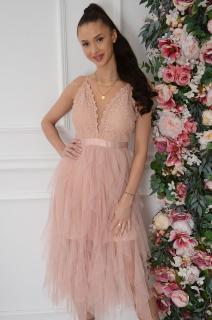 Sukienka midi tiulowe falbany z koronki brudny róż Folette Rozmiar: L