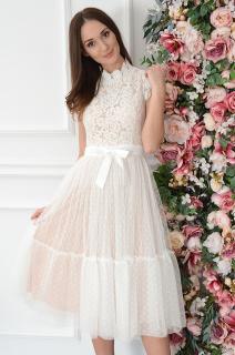 Sukienka midi z koronki i tiulu biało-beżowa Etna Rozmiar: L