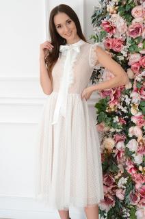 Sukienka midi z tiulu i żabotem biało-beżowa Seisa Rozmiar: L