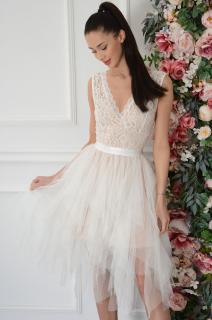 Sukienka tiulowe falbanki z koronką biało-beżowa Venus Rozmiar: L