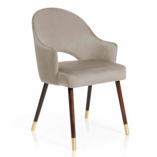 Eleganckie krzesło do jadalni na drewnianych nogach ze złotą końcówką  GOA Plus / Wybór tkanin i wybarwienia nóg