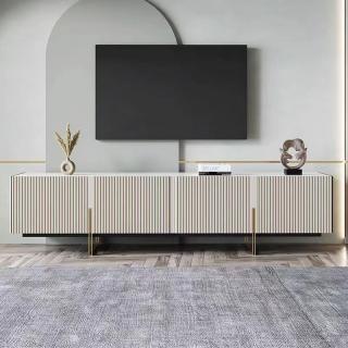Nowoczesna komoda RTV Glamour do salonu kaszmirowa ze złotymi dodatkami Beatriz 220 cm