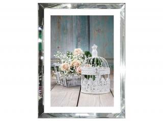 Obraz w lustrzanej ramie pudrowe róże i biały lampion 60x80 cm