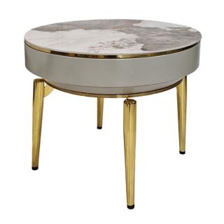 Stolik kawowy okrągły  Glamour beżowy na złotych nóżkach Ivette 48 cm  wysoki