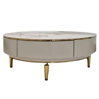 Stolik kawowy okrągły Glamour beżowy na złotych nóżkach Ivette 90 cm