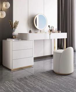 Toaletka z lustrem Glamour biała ekoskóra  złote nogi z pufą Marbel