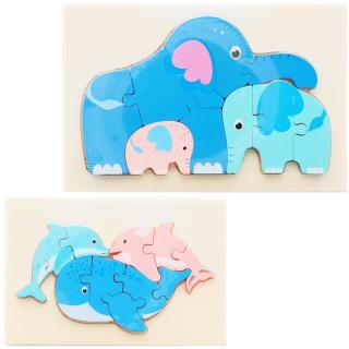 Drewniane puzzle dla najmłodszych w dwóch wzorach wieloryb / słoń