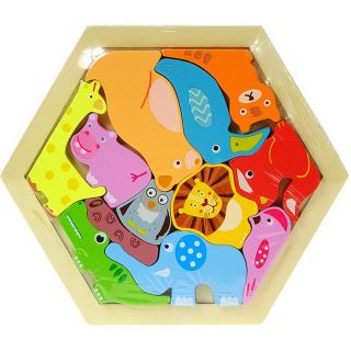 Klocki drewniane układanka w kształcie sześciokąta zwierzęta dzikie