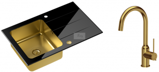 Zestaw zlewozmywak szklany FORD 111 HardQ/SteelQ złoty + bateria kuchenna INGRID złota PVD + syfon z odpływem 3,5"