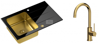 Zestaw zlewozmywak szklany FORD 111 HardQ/SteelQ złoty + bateria kuchenna JODIE złota PVD + syfon z odpływem 3,5"