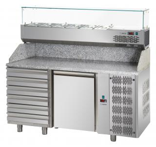 Stół chłodniczy do pizzy, 1-drzwiowy, 6 neutralnych szuflad z blatem granitowym oraz nadstawą chłodniczą na 6x GN 1/3 - kod PZ02MIDC6_VR