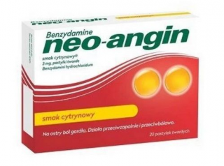 Benzydamine Neo-Angin 3 mg po 6 roku życia 20 pastylek do ssania o smaku cytrynowym