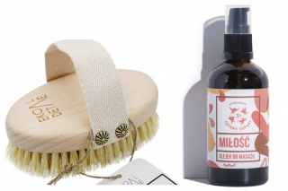 Zestaw do masażu ciała: szczotka do masażu na sucho oraz olejek "Miłość" marki Cztery Szpaki