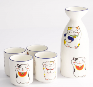 Porcelanowy zestaw do sake dla 4 osób Kawaii Lucky Cat