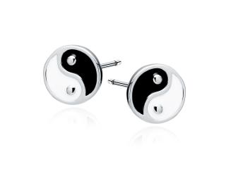 Delikatne okrągłe rodowane srebrne kolczyki yin yang czarna emalia srebro 925