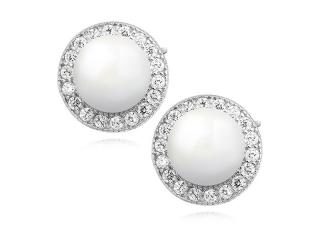 Delikatne rodowane okrągłe srebrne kolczyki perły perełki cyrkonie srebro 925