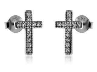Delikatne rodowane srebrne kolczyki celebrytka krzyżyk krzyż cyrkonie srebro 925