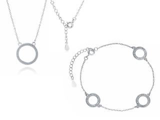 Elegancki rodowany srebrny komplet celebrytka kółka circle ring białe cyrkonie srebro 925