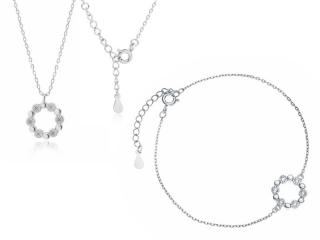 Elegancki rodowany srebrny komplet celebrytka kółko circle ring białe cyrkonie srebro 925