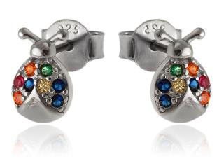 Eleganckie rodowane srebrne kolczyki celebrytki biedronki ladybug kolorowe cyrkonie srebro 925
