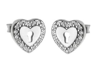 Eleganckie rodowane srebrne kolczyki celebrytki serca serduszka heart kłódka białe cyrkonie srebro 925
