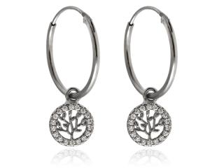 Eleganckie rodowane wiszące srebrne kolczyki kółka kółeczka drzewko szczęścia tree białe cyrkonie srebro 925